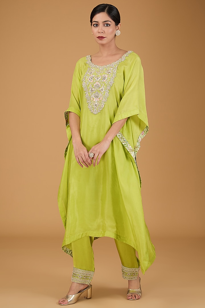 Yellow Habutai Silk Hand Embroidered Kaftan Set by Simar Dugal at Pernia's Pop Up Shop