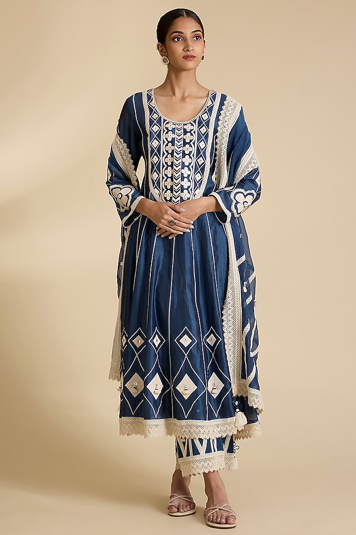 Blue Chanderi Chikankari Embroidered Wedding Anarkali Set by Simar Dugal at Pernia's Pop Up Shop
