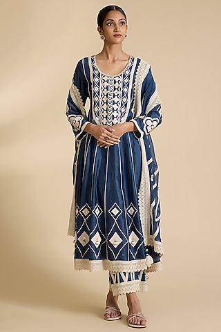 Blue Chanderi Chikankari Embroidered Anarkali Set by Simar Dugal