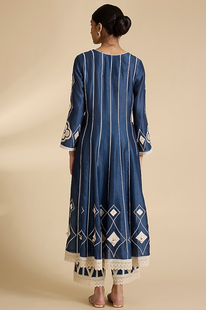 Blue Chanderi Chikankari Embroidered Wedding Anarkali Set by Simar Dugal at Pernia's Pop Up Shop