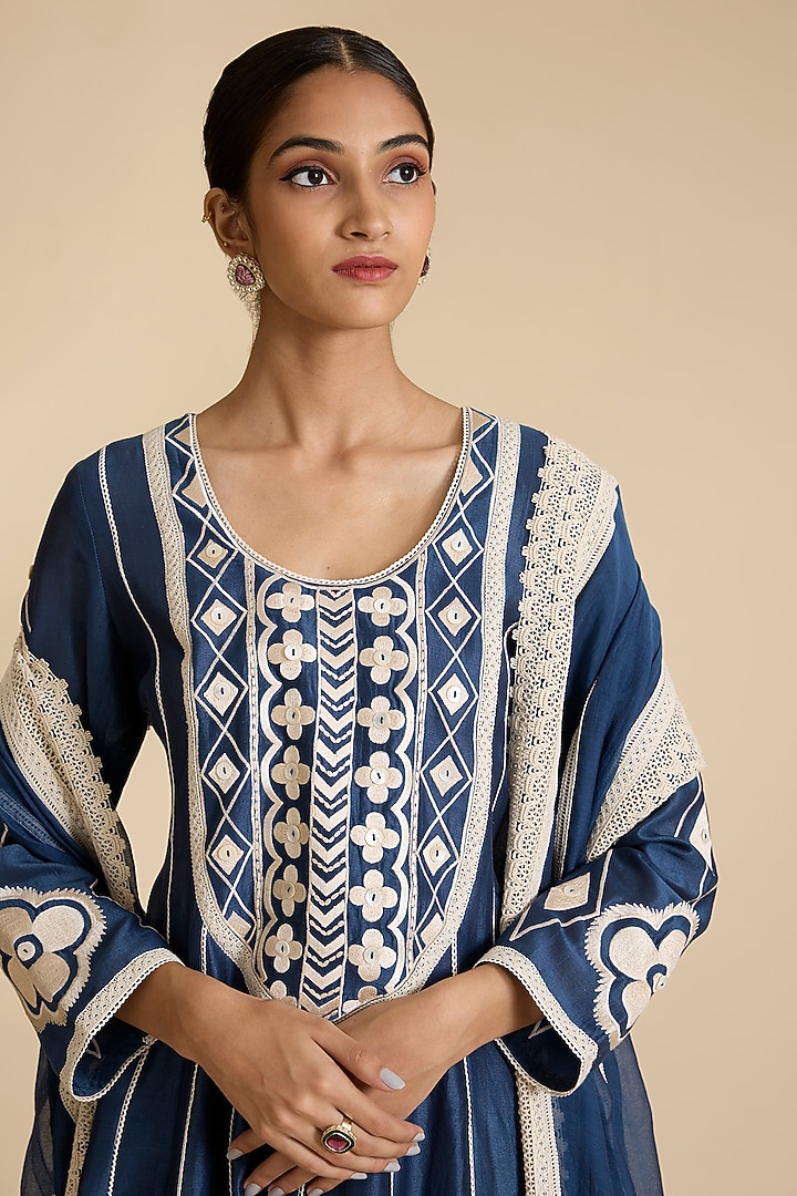 Blue Chanderi Chikankari Embroidered Wedding Anarkali Set by Simar Dugal at Pernia's Pop Up Shop