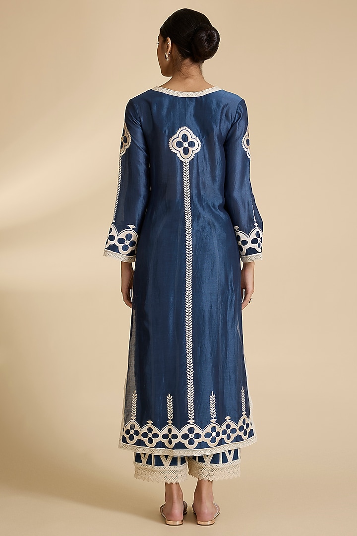 Blue Chanderi Chikankari Embroidered Straight Kurta Set by Simar Dugal at Pernia's Pop Up Shop