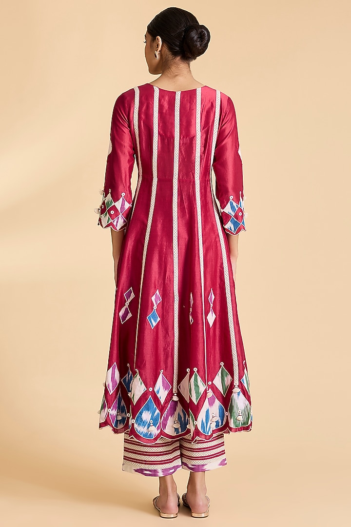 Red Chanderi Ikat Patchwork Wedding Anarkali Set by Simar Dugal at Pernia's Pop Up Shop