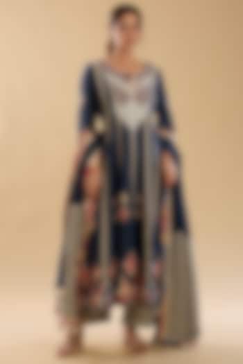 Blue Chanderi Embroidered & Ikat Patchwork Wedding Anarkali Set by Simar Dugal at Pernia's Pop Up Shop