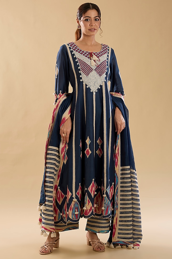 Blue Chanderi Embroidered & Ikat Patchwork Wedding Anarkali Set by Simar Dugal at Pernia's Pop Up Shop