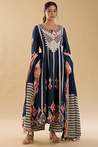 Blue Chanderi Embroidered & Ikat Patchwork Anarkali Set by Simar Dugal