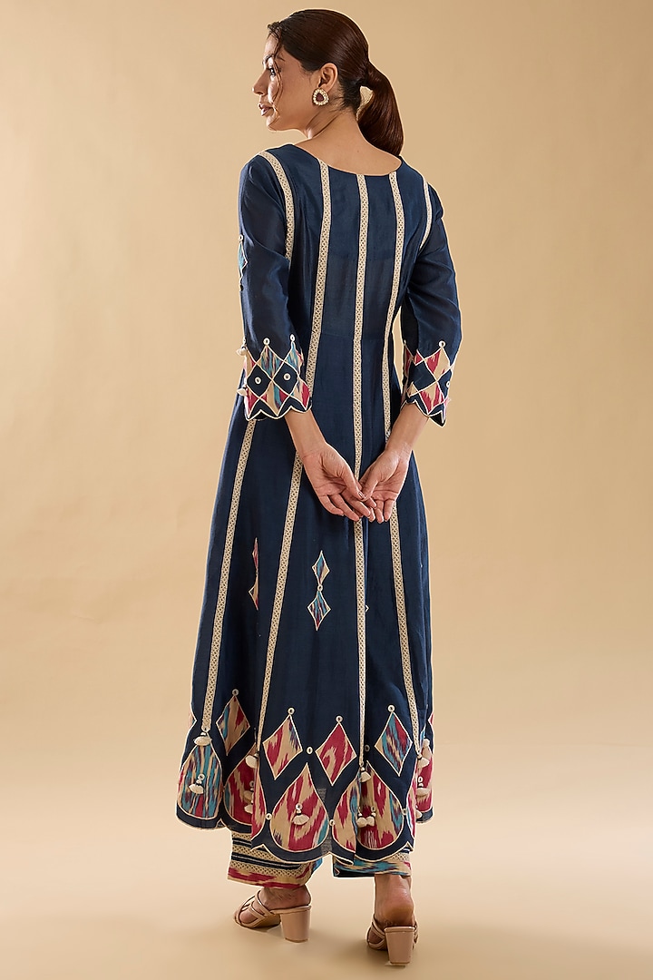 Blue Chanderi Embroidered & Ikat Patchwork Wedding Anarkali Set by Simar Dugal at Pernia's Pop Up Shop