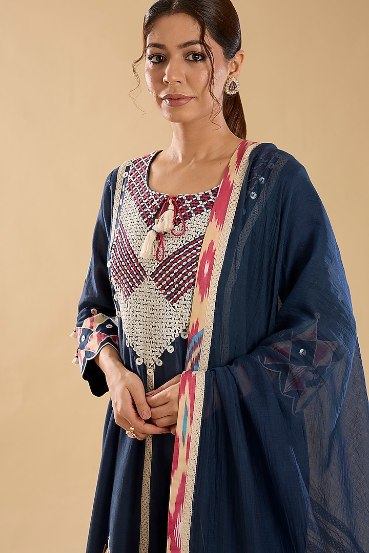 Blue Chanderi Embroidered & Ikat Patchwork Wedding Anarkali Set by Simar Dugal at Pernia's Pop Up Shop