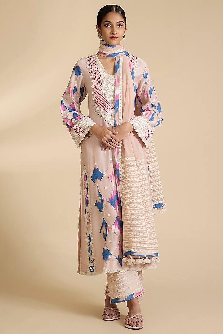 Pink Chanderi Ikat Patchwork Wedding Anarkali Set by Simar Dugal at Pernia's Pop Up Shop