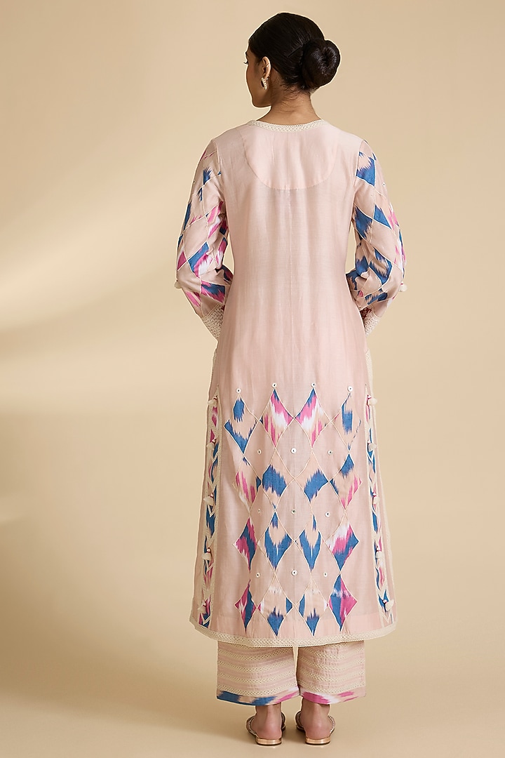 Pink Chanderi Ikat Patchwork Wedding Anarkali Set by Simar Dugal at Pernia's Pop Up Shop