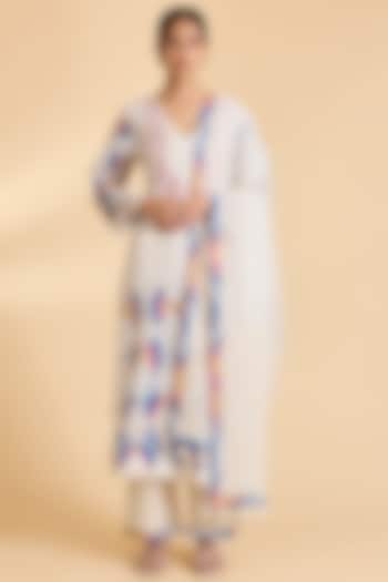 Ivory Chanderi Ikat Patchwork Wedding Anarkali Set by Simar Dugal at Pernia's Pop Up Shop