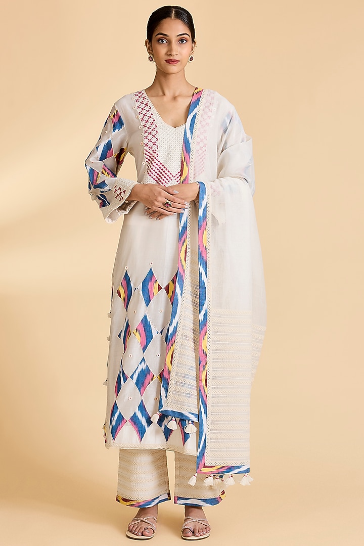 Ivory Chanderi Ikat Patchwork Wedding Anarkali Set by Simar Dugal at Pernia's Pop Up Shop