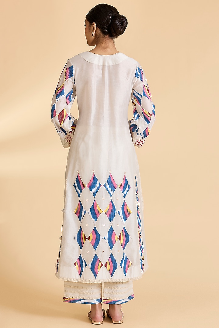 Ivory Chanderi Ikat Patchwork Wedding Anarkali Set by Simar Dugal at Pernia's Pop Up Shop