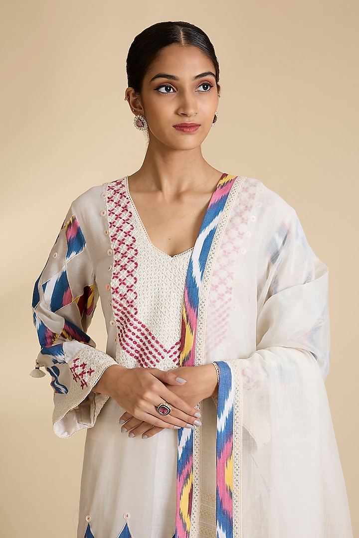 Ivory Chanderi Ikat Patchwork Wedding Anarkali Set by Simar Dugal at Pernia's Pop Up Shop