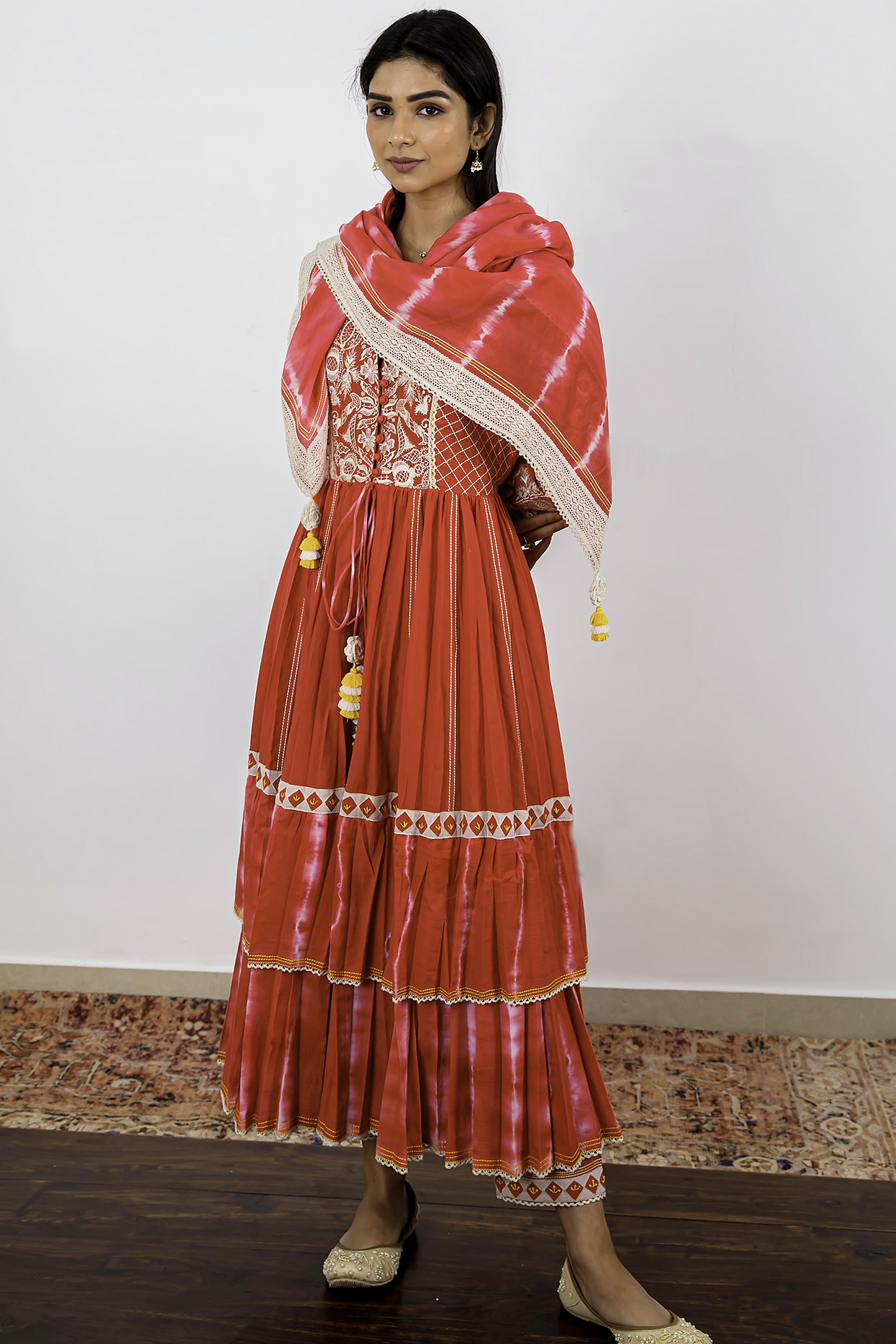 Red Embroidered Tied & Dyed Kurta Set by Simar Dugal at Pernia's Pop Up Shop