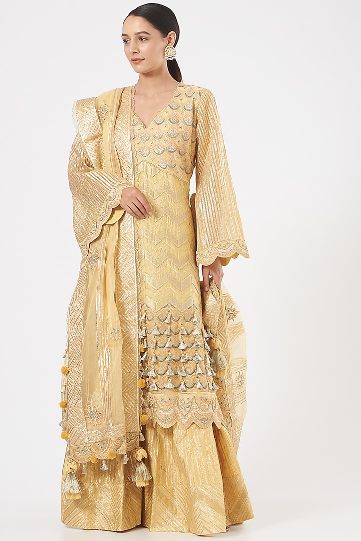 Beige Chanderi Silk Sharara Set by Simar Dugal at Pernia's Pop Up Shop