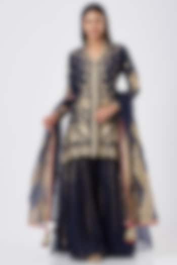 Navy Blue Embroidered Sharara Set by Simar Dugal