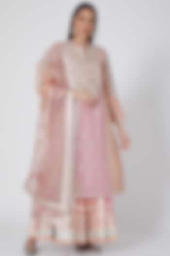 Peach & Pink Embroidered Sharara Set by Simar Dugal
