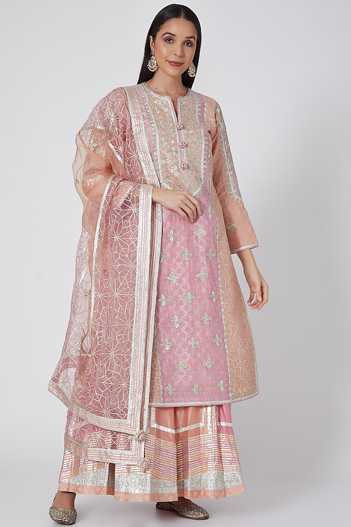 Peach & Pink Embroidered Sharara Set by Simar Dugal
