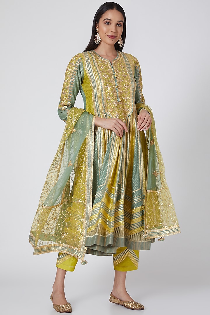 Green & Yellow Embroidered Anarkali Set by Simar Dugal