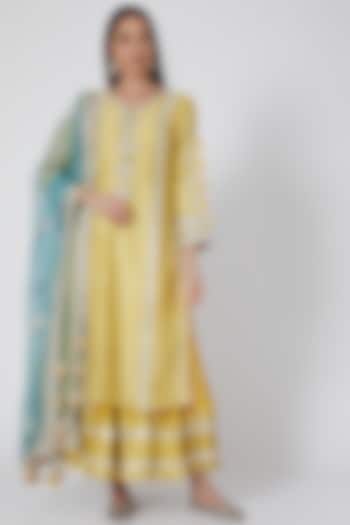 Yellow & Aqua Embroidered Skirt Set by Simar Dugal