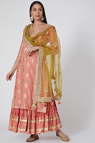 Peach & Green Embroidered Skirt Set by Simar Dugal