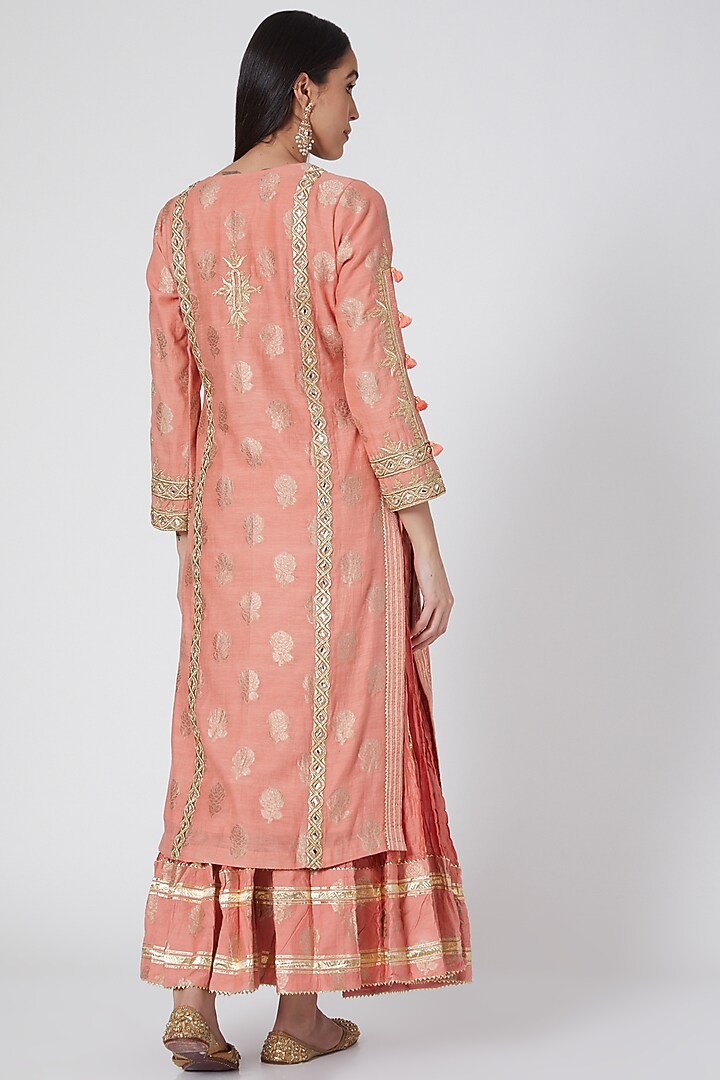Peach & Green Embroidered Skirt Set by Simar Dugal at Pernia's Pop Up Shop