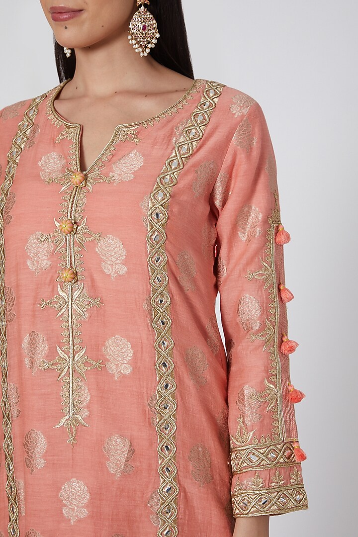 Peach & Green Embroidered Skirt Set by Simar Dugal at Pernia's Pop Up Shop