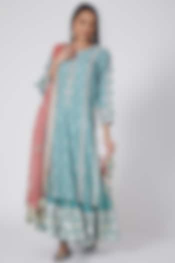 Aqua & Pink Embroidered Skirt Set by Simar Dugal