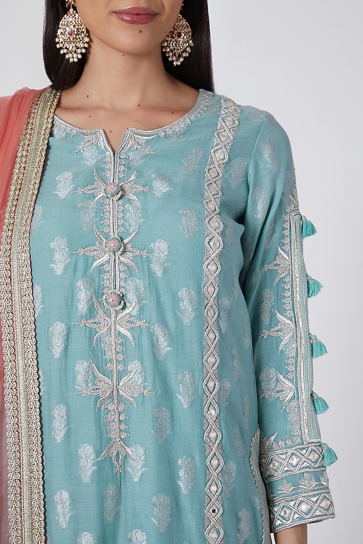 Aqua & Pink Embroidered Skirt Set by Simar Dugal at Pernia's Pop Up Shop