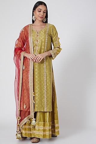 Green & Yellow Embroidered Sharara Set by Simar Dugal