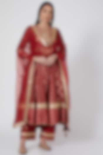Red Anarkali Set With Gota Work by Simar Dugal