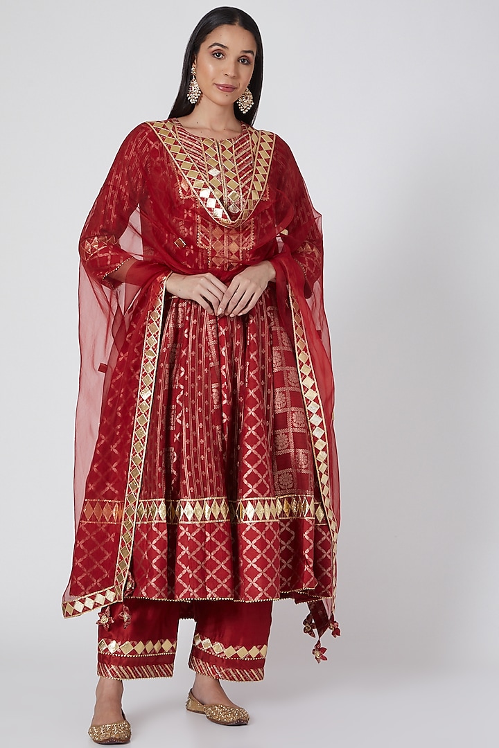 Red Anarkali Set With Gota Work by Simar Dugal