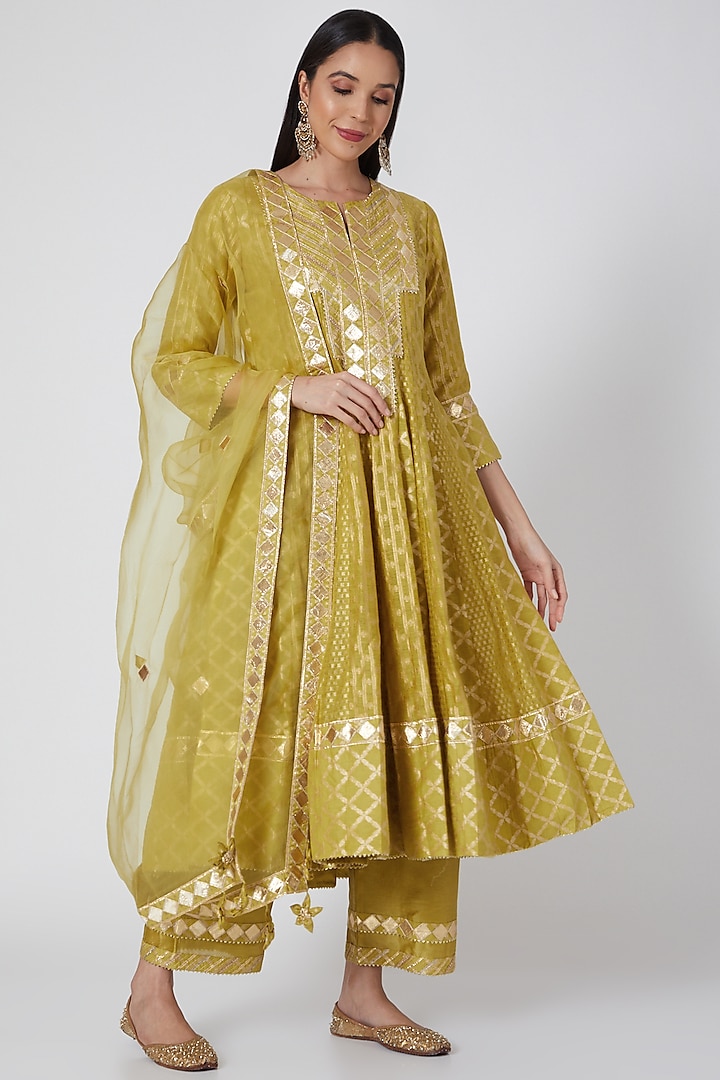 Green & Yellow Anarkali Set With Gota Work by Simar Dugal