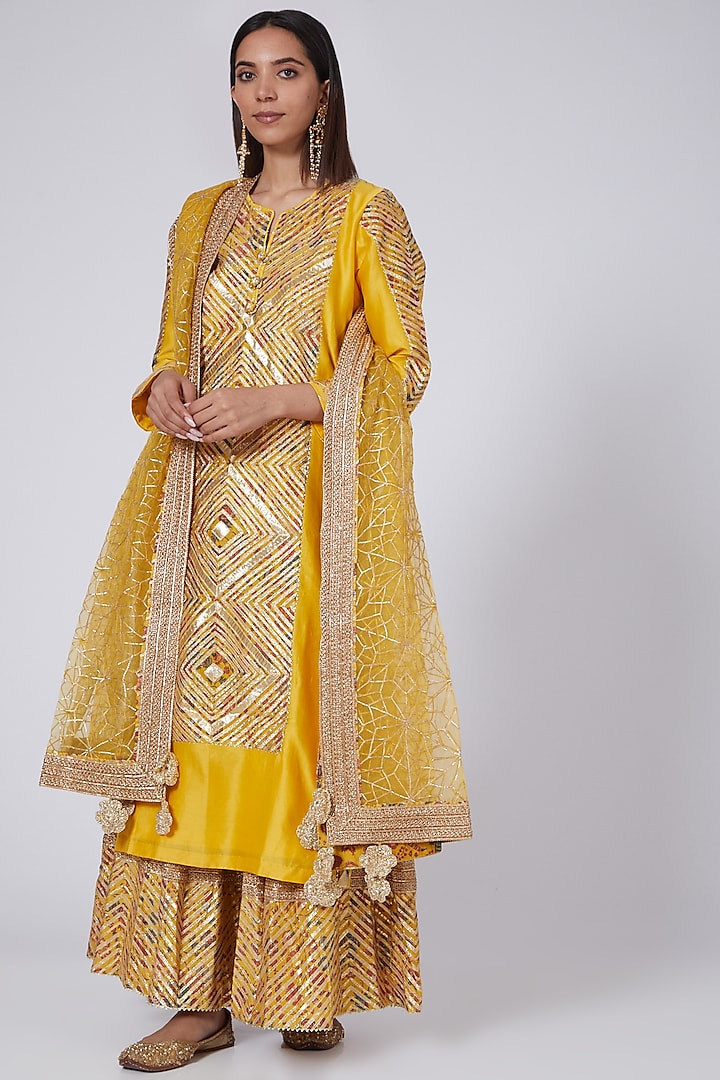 Yellow Chanderi Sharara Set by Simar Dugal