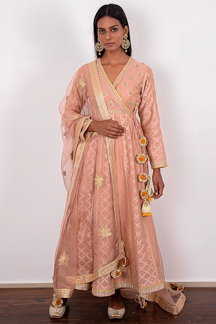 Old Rose Pink Embroidered Crossover Kurta Set by Simar Dugal