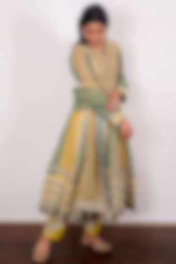 Yellow & Sea Green Embroidered Kalidar Anarkali Set by Simar Dugal