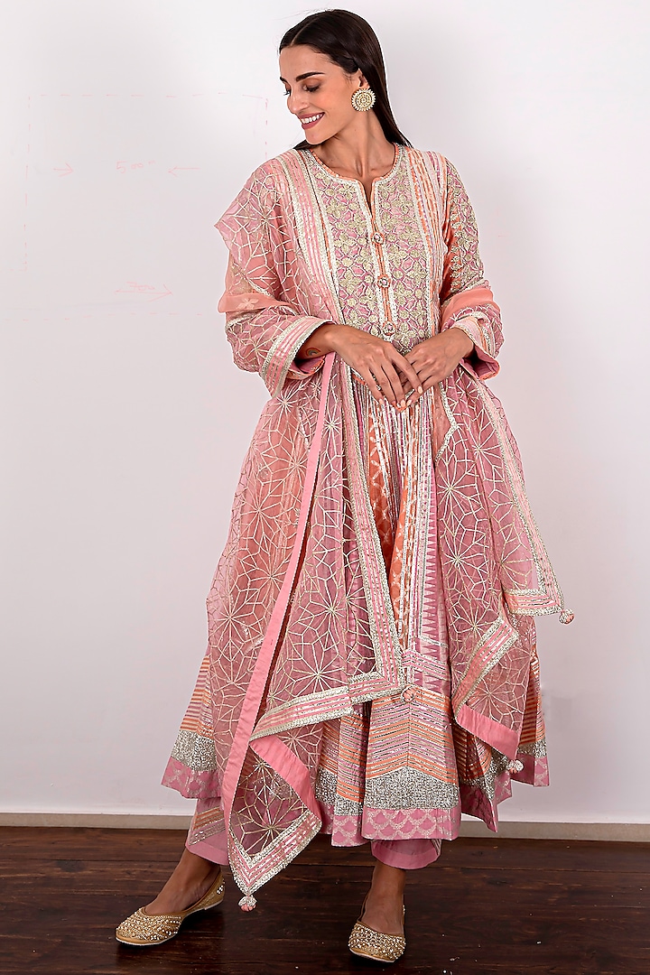 Pink & Powder Blue Embroidered Kalidar Anarkali Set by Simar Dugal