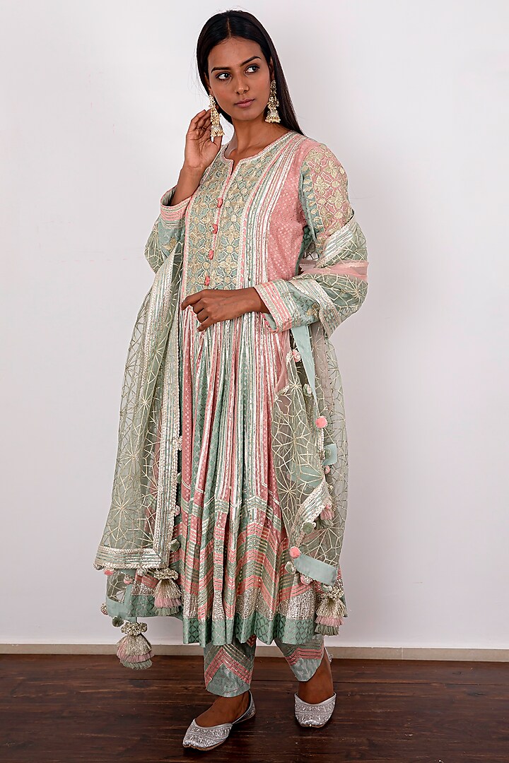 Pink & Sea Green Embroidered Kalidar Anarkali Set by Simar Dugal