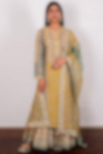 Yellow & Sea Green Embroidered Wedding Sharara Set by Simar Dugal at Pernia's Pop Up Shop
