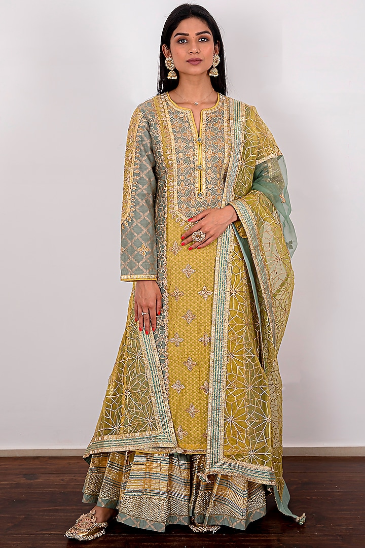 Yellow & Sea Green Embroidered Sharara Set by Simar Dugal