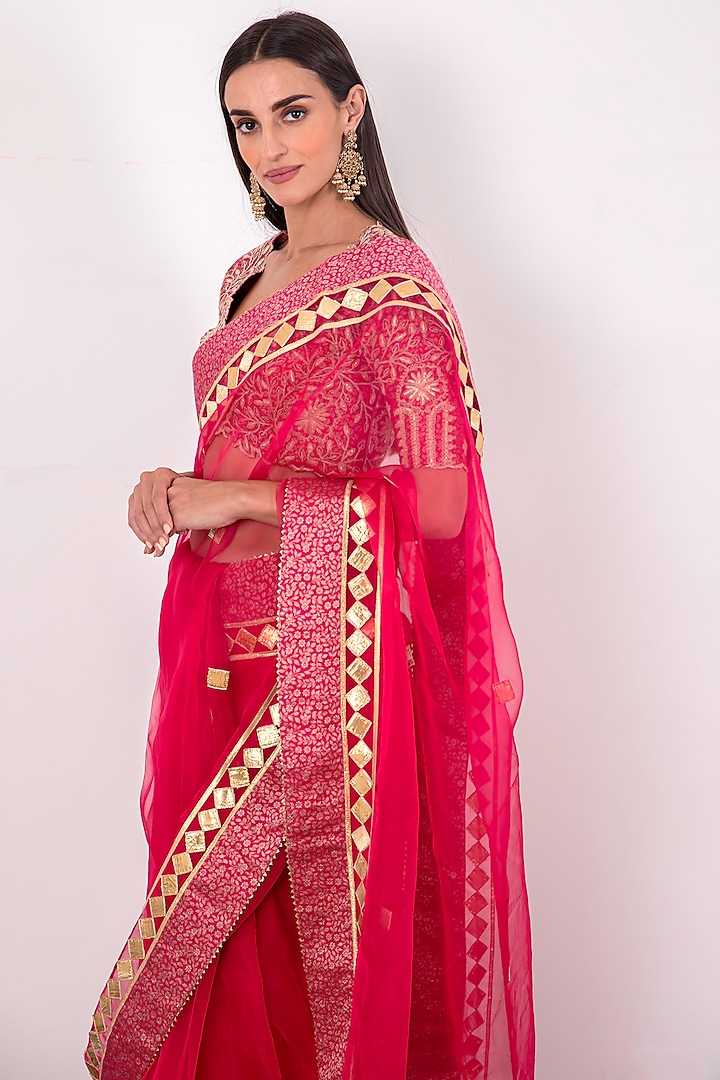 Hot Pink Embroidered Saree Set by Simar Dugal