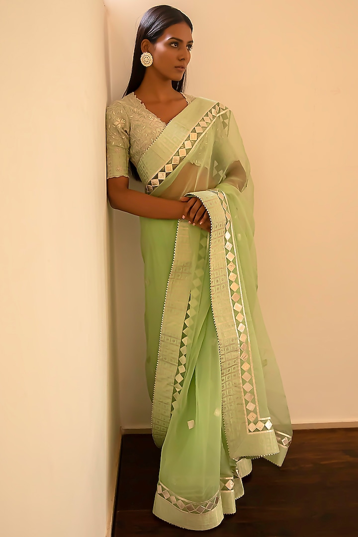 Mint Green Embroidered Saree Set by Simar Dugal