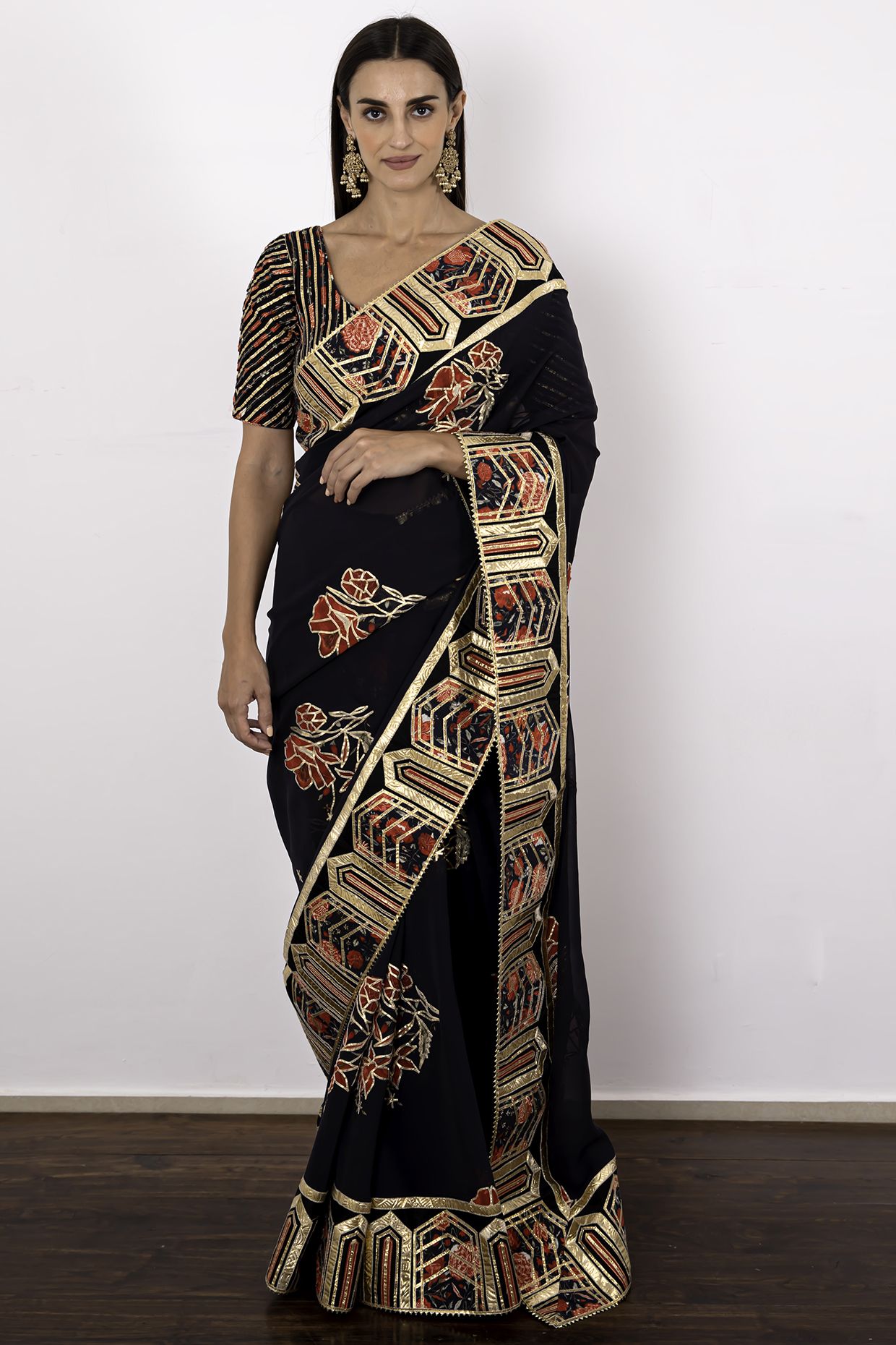 Black Digital Printed Saree Set by Simar Dugal