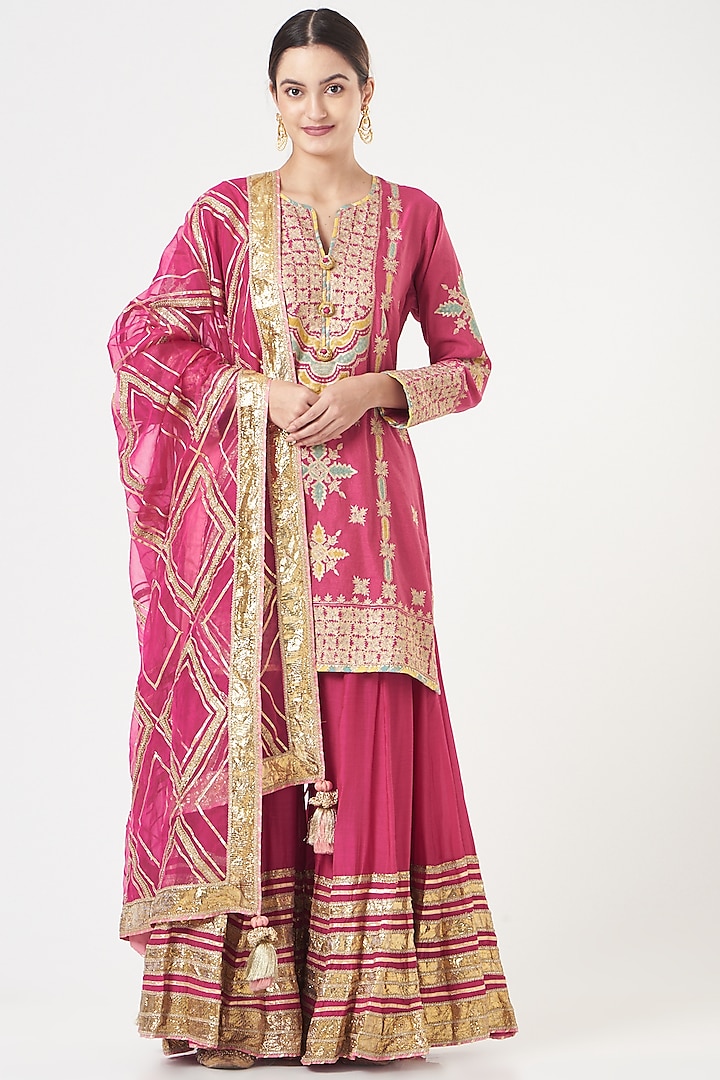 Light Red Embroidered Wedding Sharara Set by Simar Dugal at Pernia's Pop Up Shop