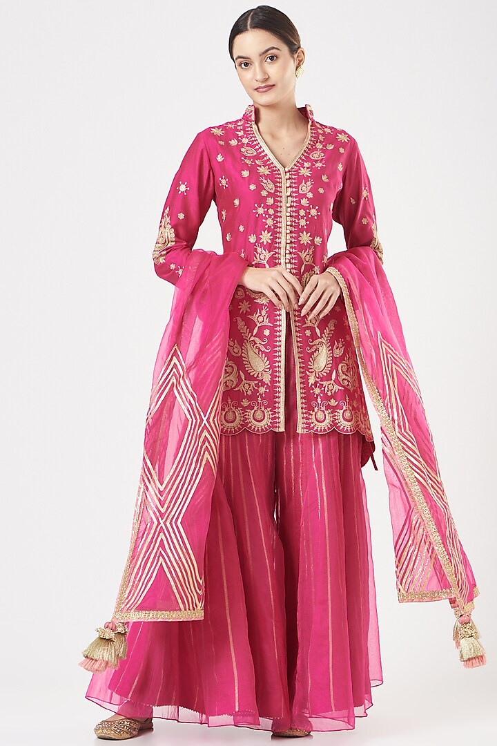 Pink Embroidered Sharara Set by Simar Dugal