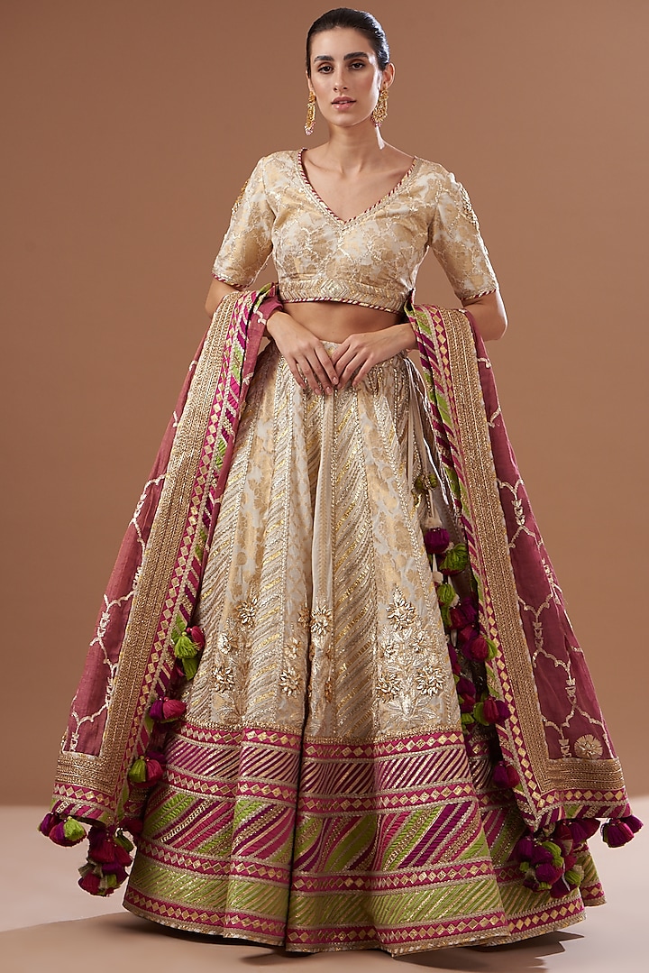Ivory Chanderi Banarasi Embroidered Bridal Lehenga Set by Simar Dugal at Pernia's Pop Up Shop