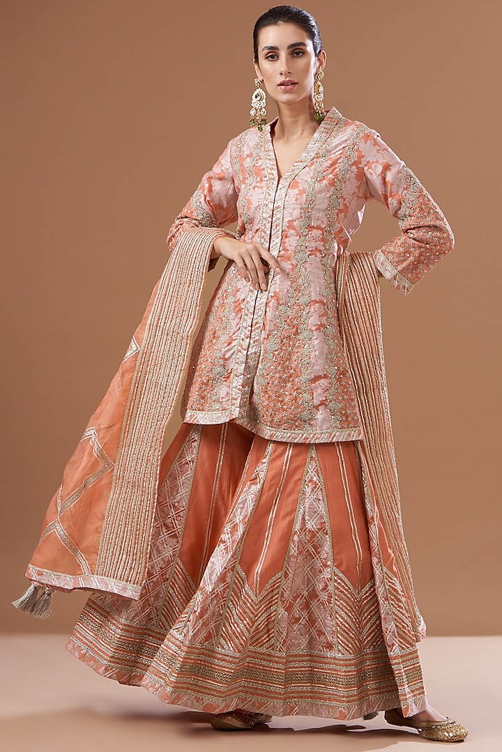 Peach Banarasi Sharara Set by Simar Dugal at Pernia's Pop Up Shop