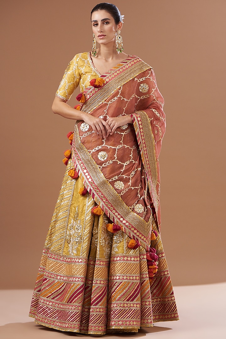 Mustard Chanderi Banarasi Embroidered Bridal Lehenga Set by Simar Dugal at Pernia's Pop Up Shop