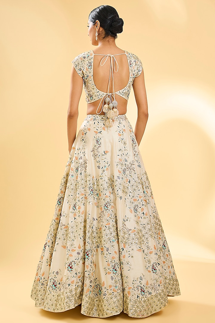 Ivory Dupion Silk Floral Hand Embroidered Bridal Lehenga Set by Simar Dugal at Pernia's Pop Up Shop